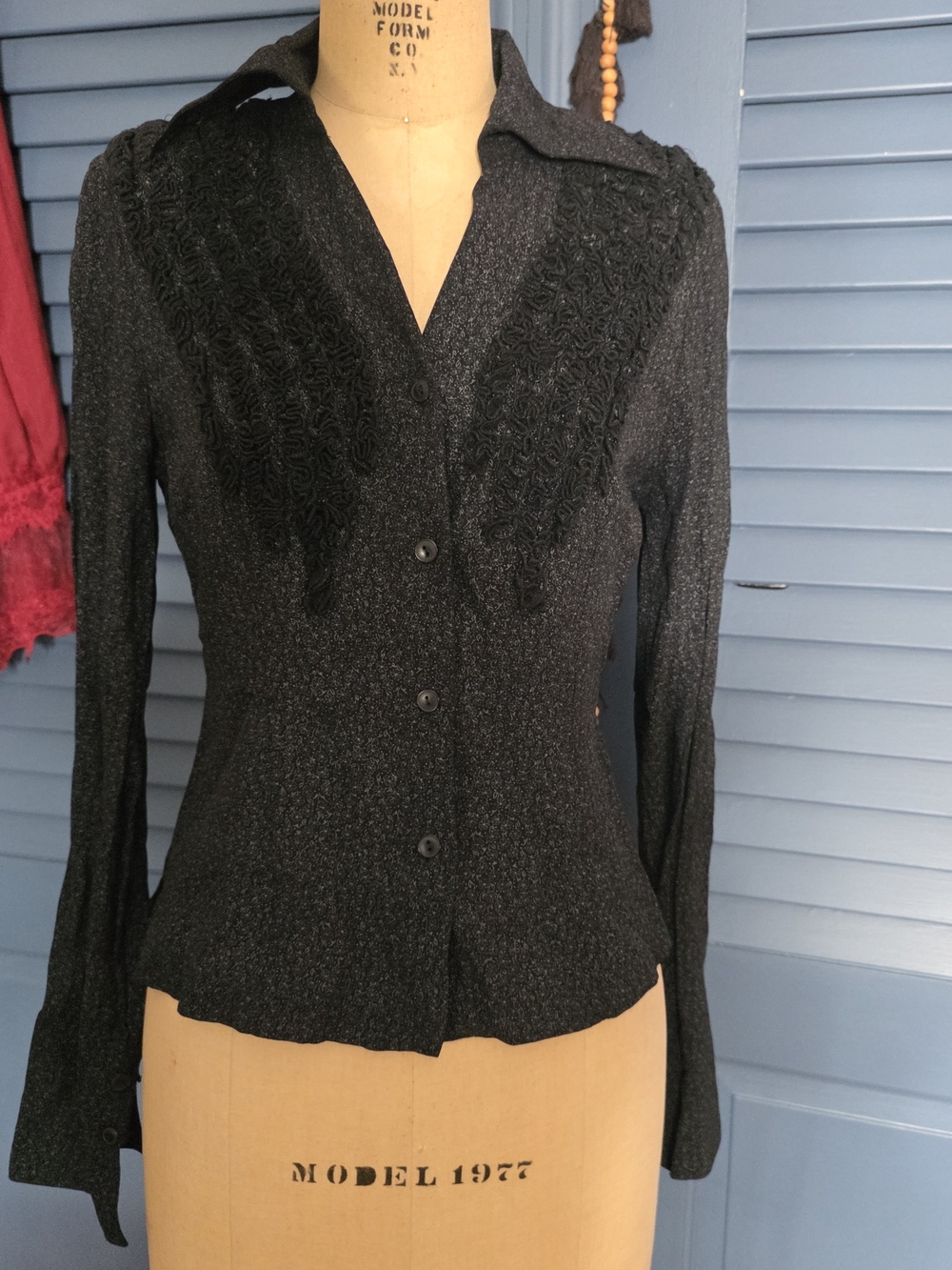 Vintage Titan Black Shimmer Ruffle Blouse Whimsigoth Goth Sz 36